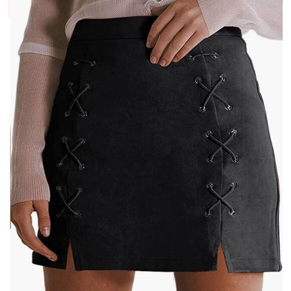 Black Faux Suede Corset Lace Up High Waist Pencil Bodycon Mini Skirt - Picture 3 of 6